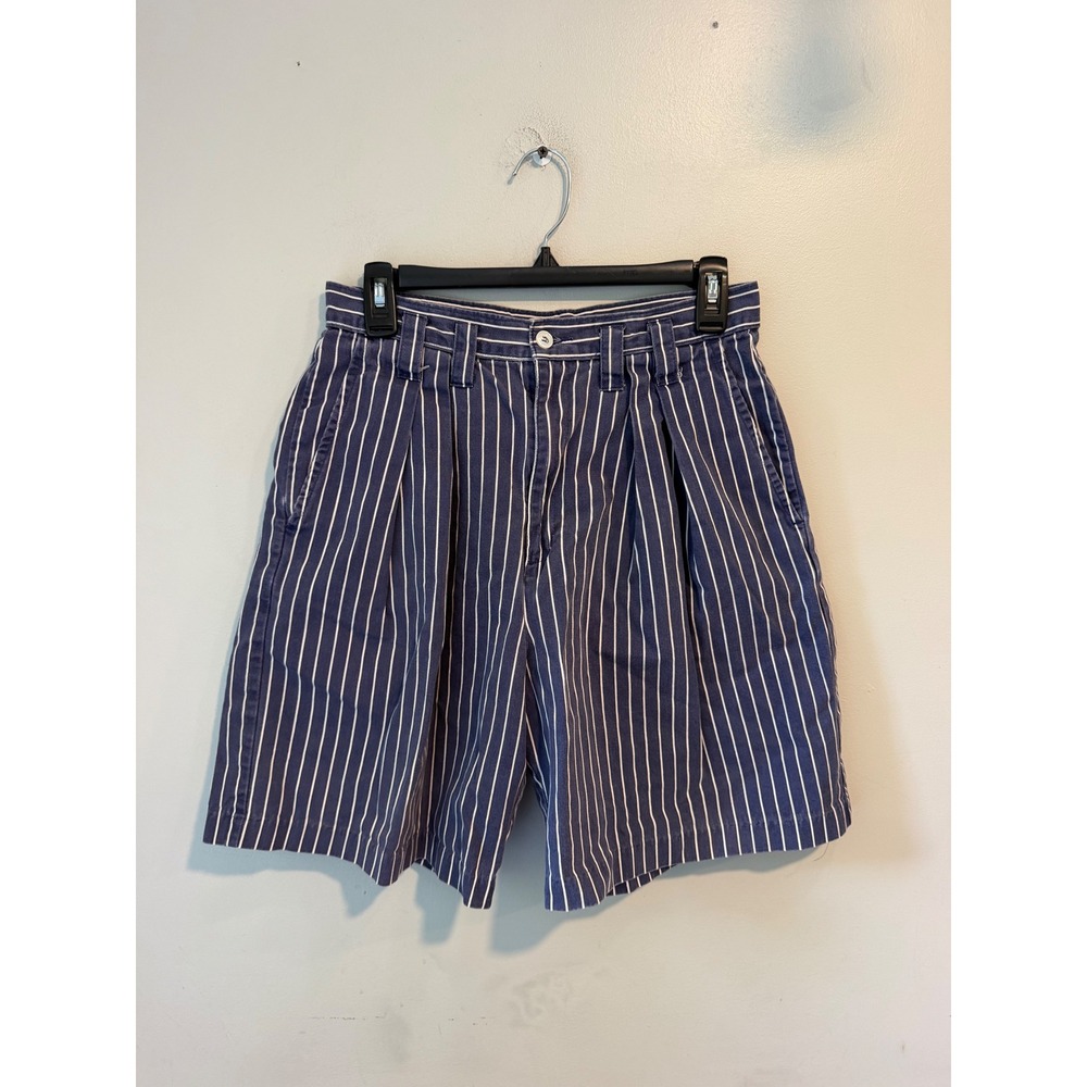 Vintage Cenza Navy Blue White Striped Pleated Cotton Shorts Women Size 12 28 W
